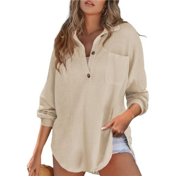 Waffle Knit Henley Top Women Long Sleeve V Neck Tunic Oversized Shirt Casual - Picture 1 of 6
